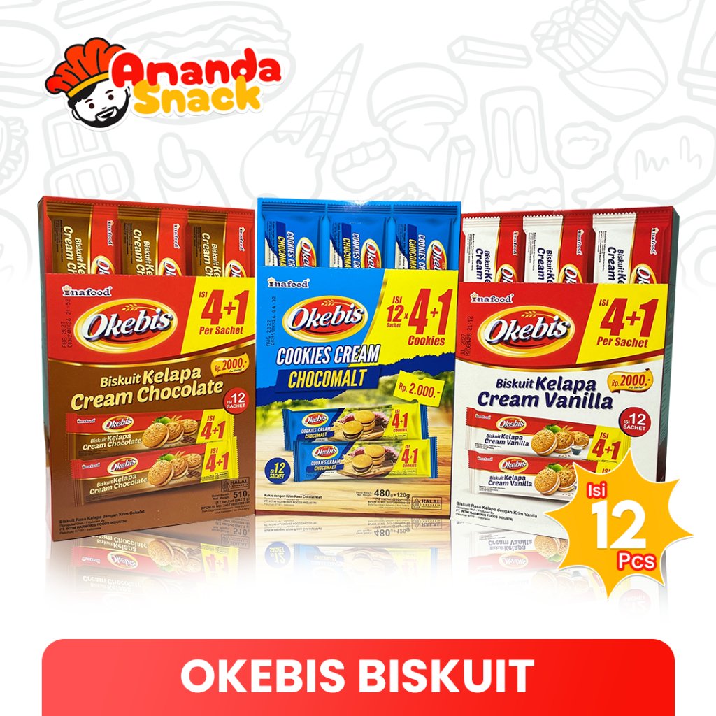 Okebis Biskuit Kelapa Cream Rasa Chocolate, Vanilla, Chocomalt - Cookies Okebis 1 Box isi 12 Pcs