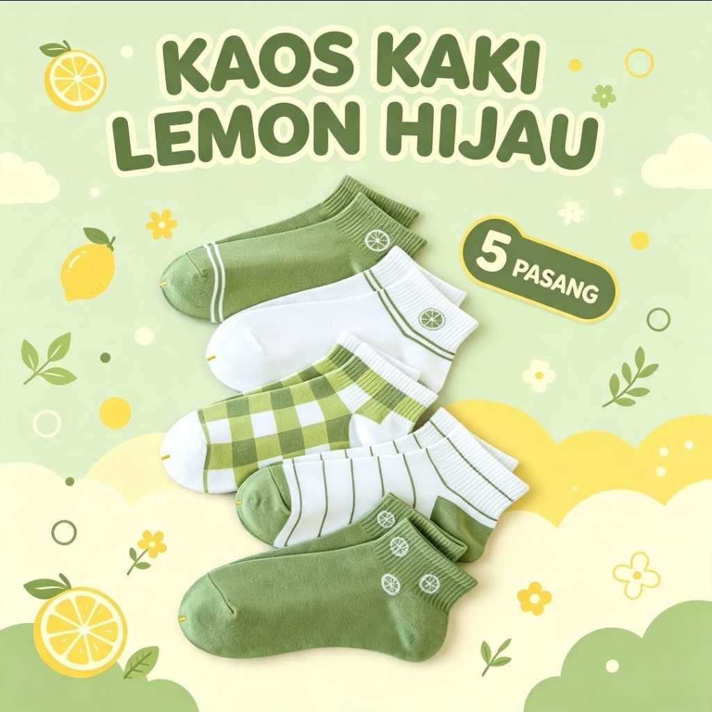 5PASANG Kaos Kaki Wanita Korea Warna Hijau Motif Lemon  Kaus Kaki Bagus Pendek Lucu