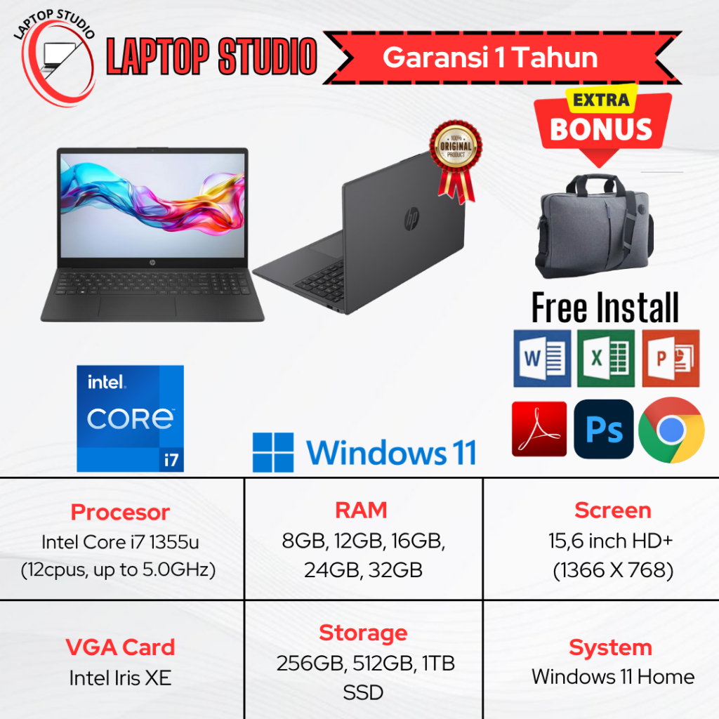 Laptop Baru HP Intel core i7 1355u (Gen13) | Core ultra 7 255u SSD Touchscreen