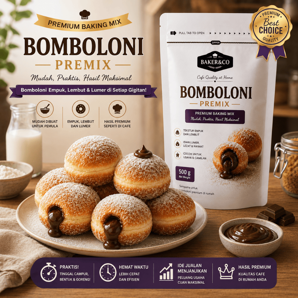 Bomboloni Premix Tepung Kering Adonan Baker & Co 500G | Premium Baking Mix Donat Bomboloni Empuk Lem