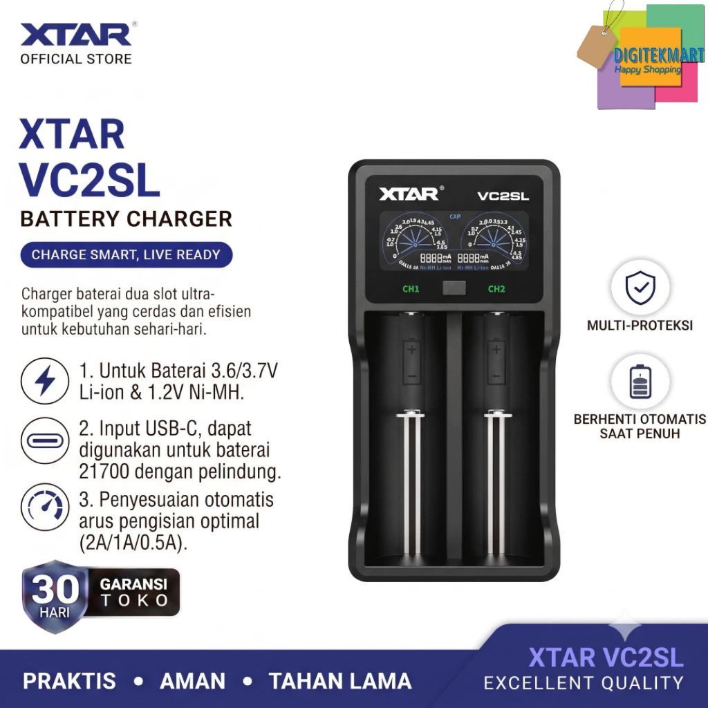 XTAR VC2SL Charger Baterai 2 Slot Fast Charging Colorful LCD Upgrade dari VC2S
