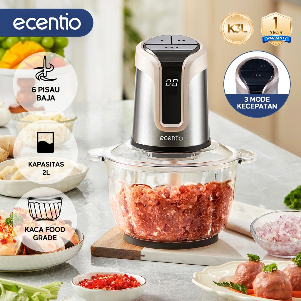 ecentio LED Display Penggiling Daging Multifungsi 3 Kecepatan Food Processor 2L 6 Mata Pisau Mesin G