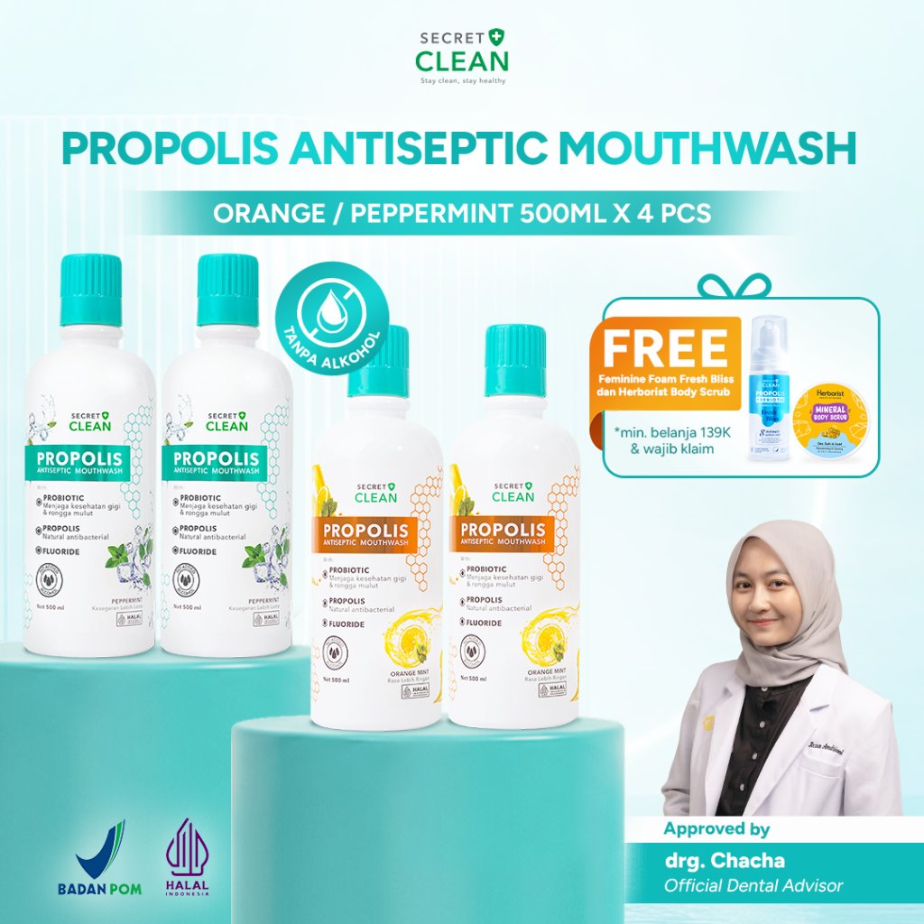 [4 Pcs] Secret Clean Paket Propolis Antiseptic Mouthwash 500ml | Obat Kumur Antiseptik Halal Nafas S