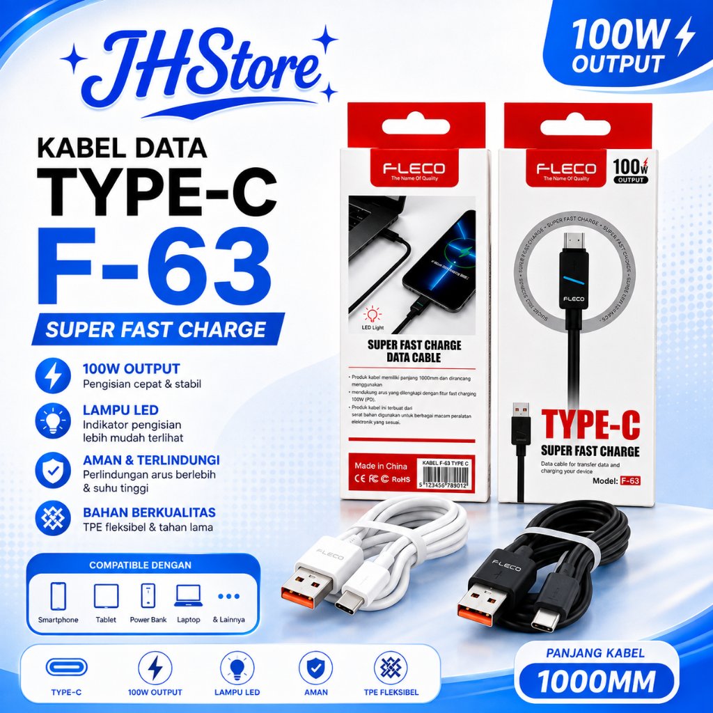 Super Fast Data Cable ORIGINAL FLECO F-63 6A Led 100W USB To MICRO / Type-C Kabel Fast Charging F63