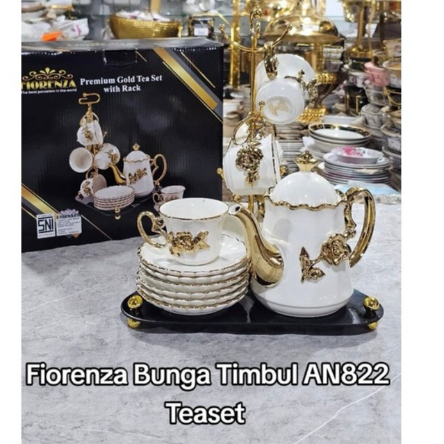 Fiorenza Bunga Timbul AN822 Teaset Premium Gold Tea Set with Rack putih emas