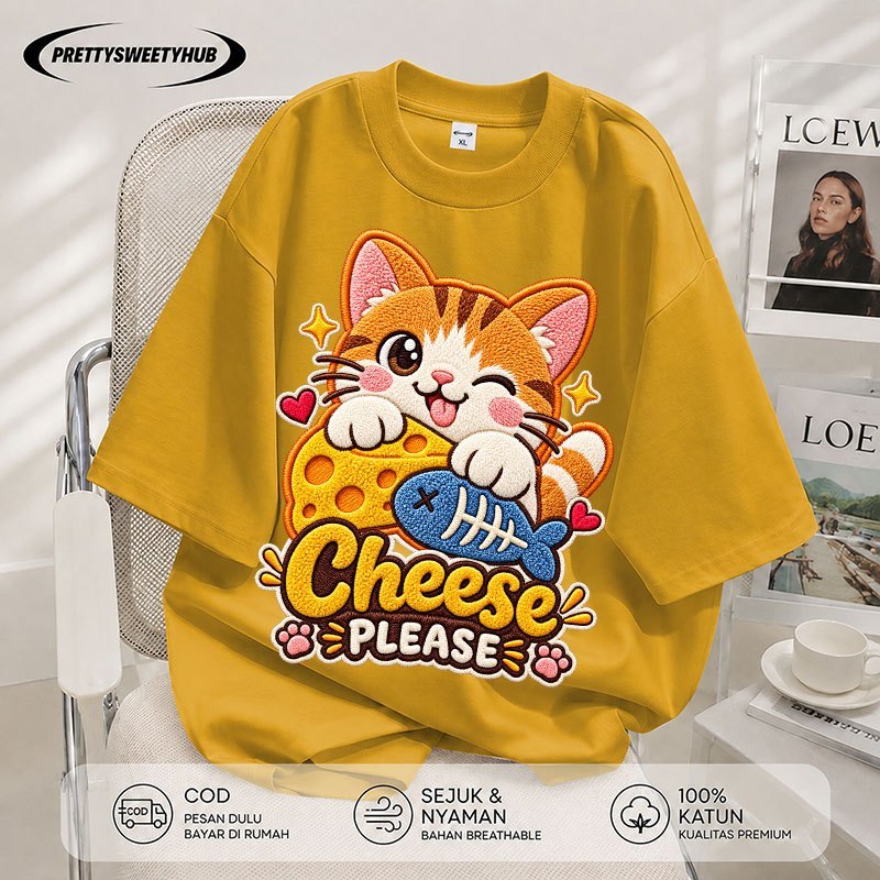 Pretty Sweety Hub - Kaos Pria Wanita Oversize Lengan Pendek Motif Anak Kucing & Keju Cute Korean Sty