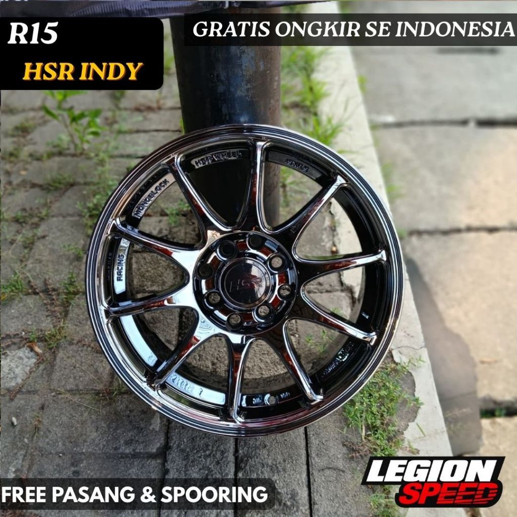 VELG RACING JDM R15 HSR BOROKO INDY LEBAR 6,5 PCD 4X100 & 4X114 BLACK CHROME FOR MOBILIO TWINCAM JAZ