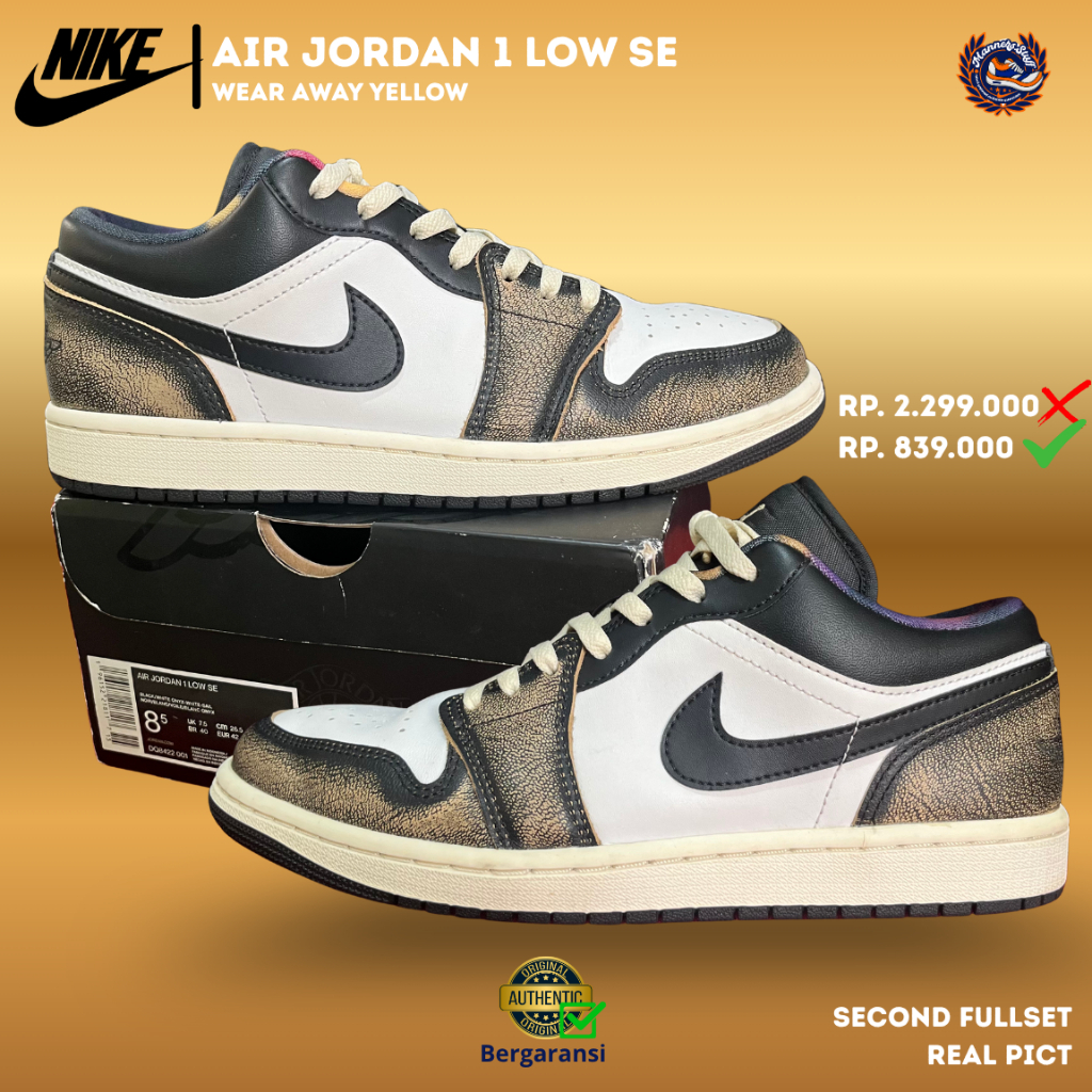 Sepatu Nike Air Jordan 1 Low Wear Away Yellow Size 42 Second Original Fullset Sneakers