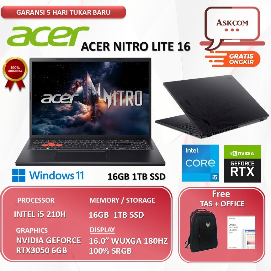 Acer Nitro Lite 16 NL16-71G-5613 Intel Core 5 210H RTX3050 6GB 16GB 1TB SSD 16.0"WUXGA 180Hz