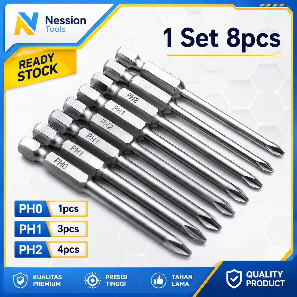 Nessian Mata bor Obeng plus Magnet Magnetic 75mm 8pcs PH1 PH2 Anti Slip