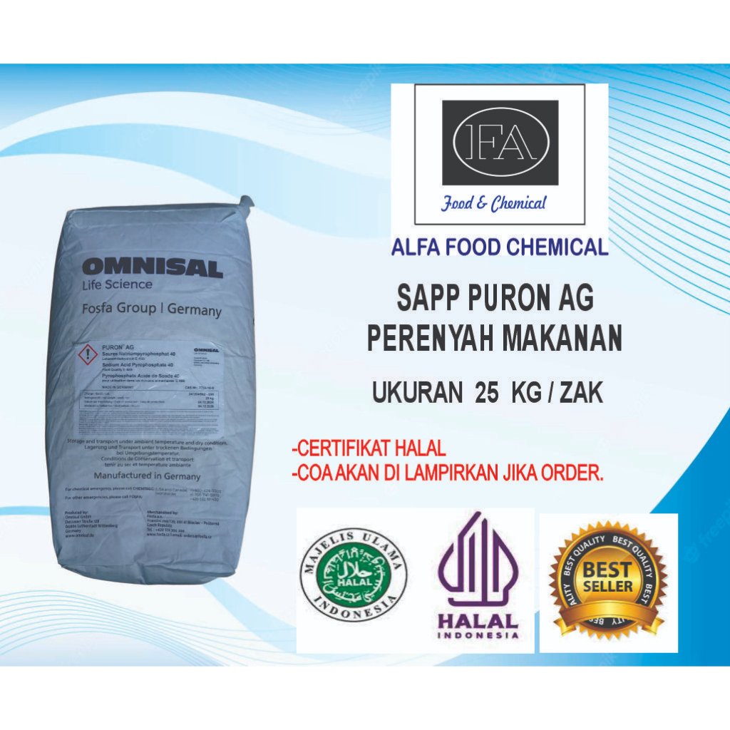 SAPP OMNISAL PURON AG/PERENYAH MAKANAN/Sodium Acid Pyrophosphate Ex. Jerman Ukuran 25 Kg Bersertifik