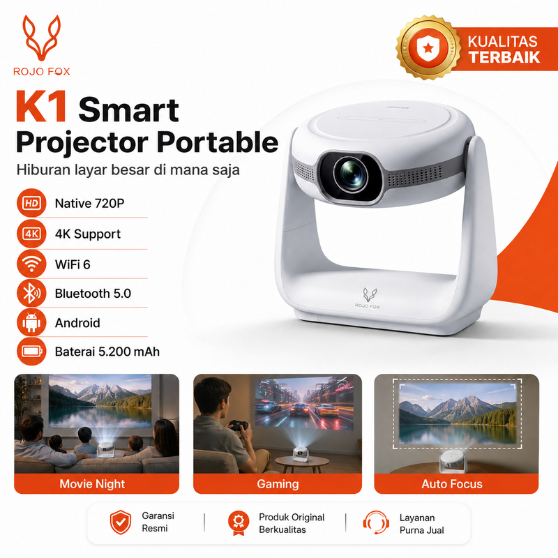 ROJO FOX Proyektor Android WiFi Bluetooth untuk Presentasi Kantor & Edukasi Home Theater Mini Projec