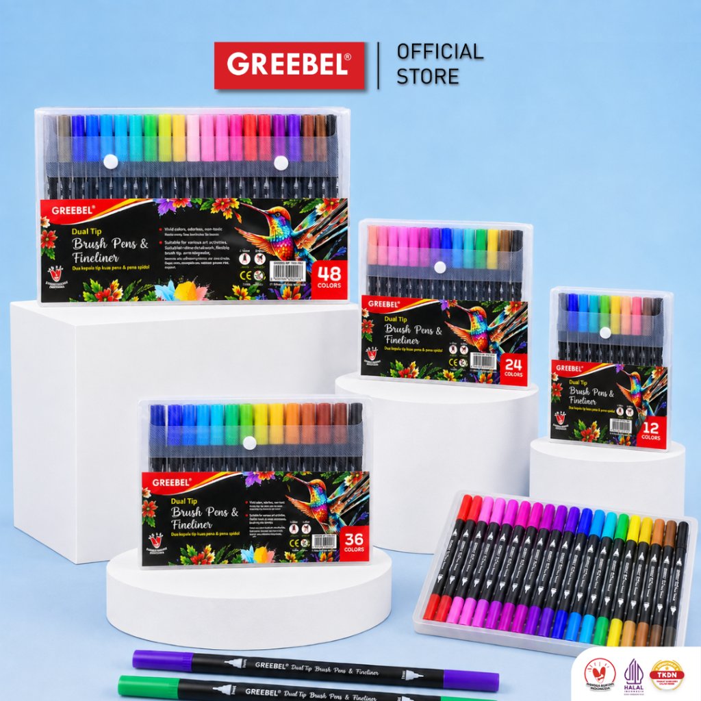 GREEBEL Dual Tip Brush Pen Color 12/24/36 48 Warna / Spidol Kuas Set Marker Drawing Pen