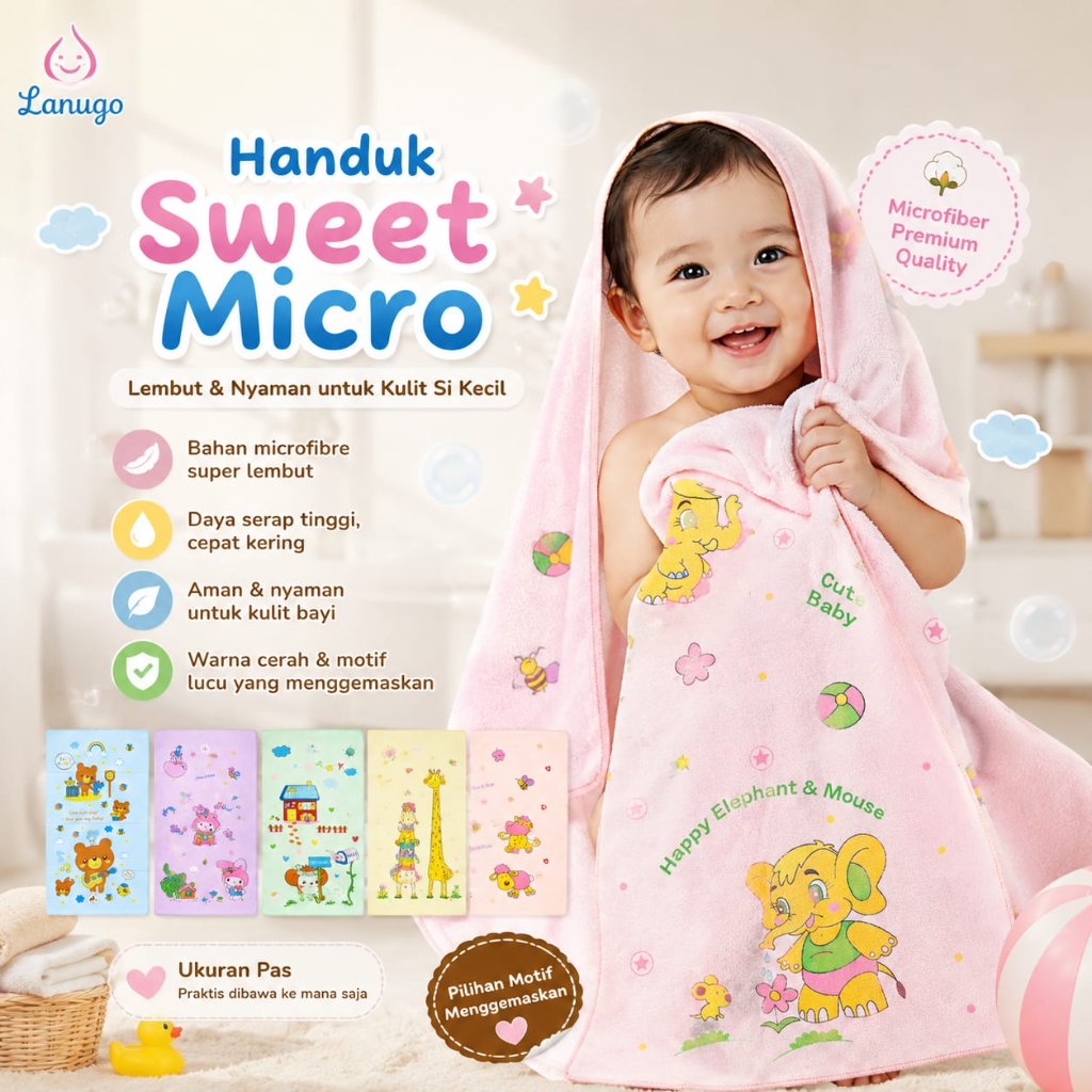 Handuk Bayi Premium / Mandi Lembut Microfiber 50 CM x 100 CM / Handuk Anak / Handuk Baby Motif Color