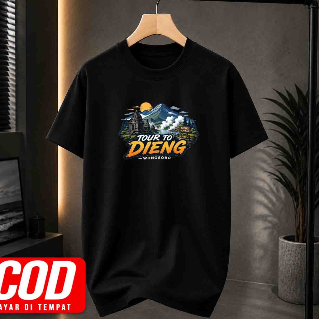 Kaos hitam lengan pendek Tour to Dieng Wonosobo motif gunung candi casual