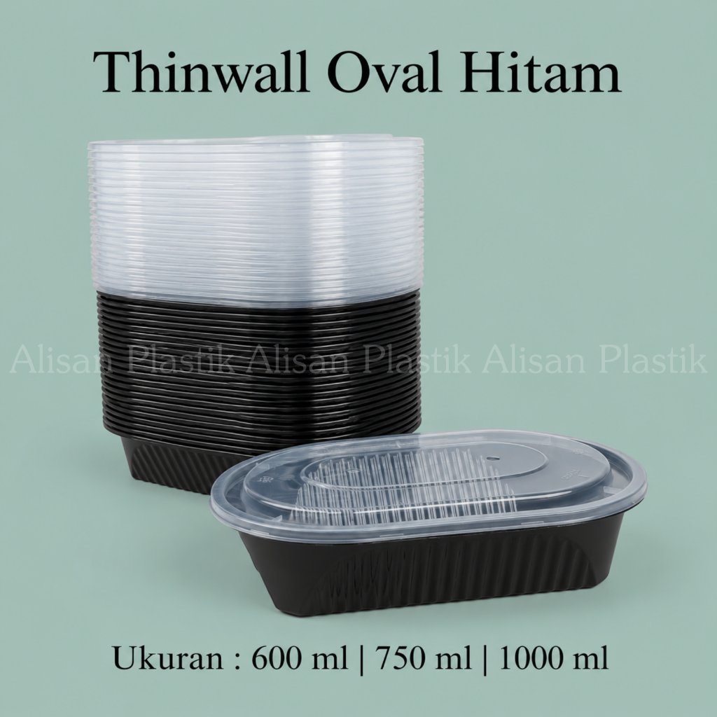 THINWALL OVAL HITAM 1000 ML, 750 ML dan 600 ML