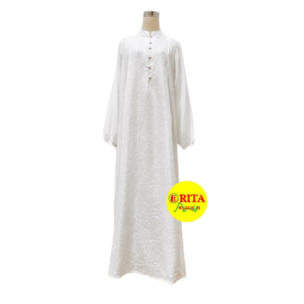 Hafiza Medina Dress Gamis wanita putih motif brokat kerah tinggi model muslim