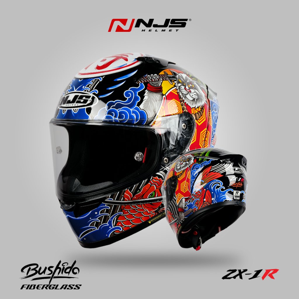 NJS ZX-1R FIBERGLASS BUSHIDO Black - Helm Full Face (FREE Visor Iridium ) - Helm Fullface | NJS ZR |
