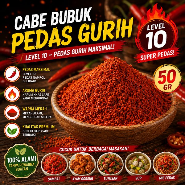 Cabe Bubuk Pedas Gurih 10 50Gr Bubuk Cabe Pedas Gurih Level 10 Makanan Bisa Kiloan Chilli Powder Sup