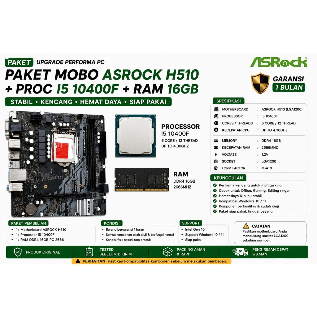 PAKET MOBO ASROCK H510 + I5 10400F + RAM 16GB