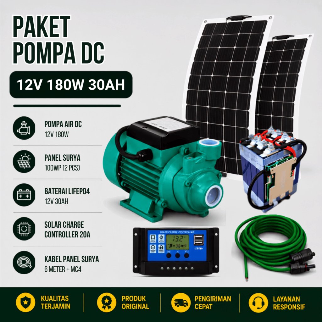 Paket Pompa Sumur DC 12V Tenaga Surya Lengkap Batrai LifePo4 Panel Surya 200Wp Controller 20A Kabel 