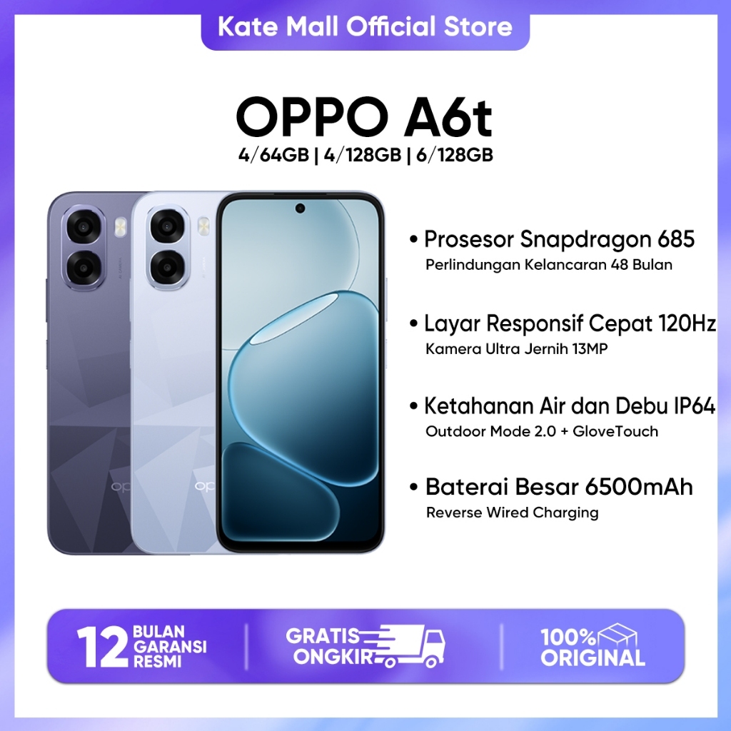 OPPO A6t 4/128GB (4GB+4GB Extended RAM) Snapdragon 685 Official Store HP Android Murah Terbaru 2026