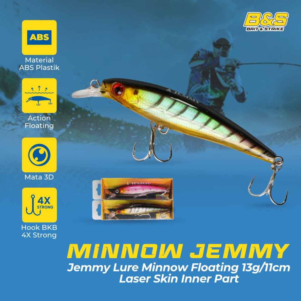 JEMMY LURE MINNOW 13G/11CM MATERIAL LASER SKIN INNER PART HOOK BKB 4X STRONG STAINLESS STEEL MN231