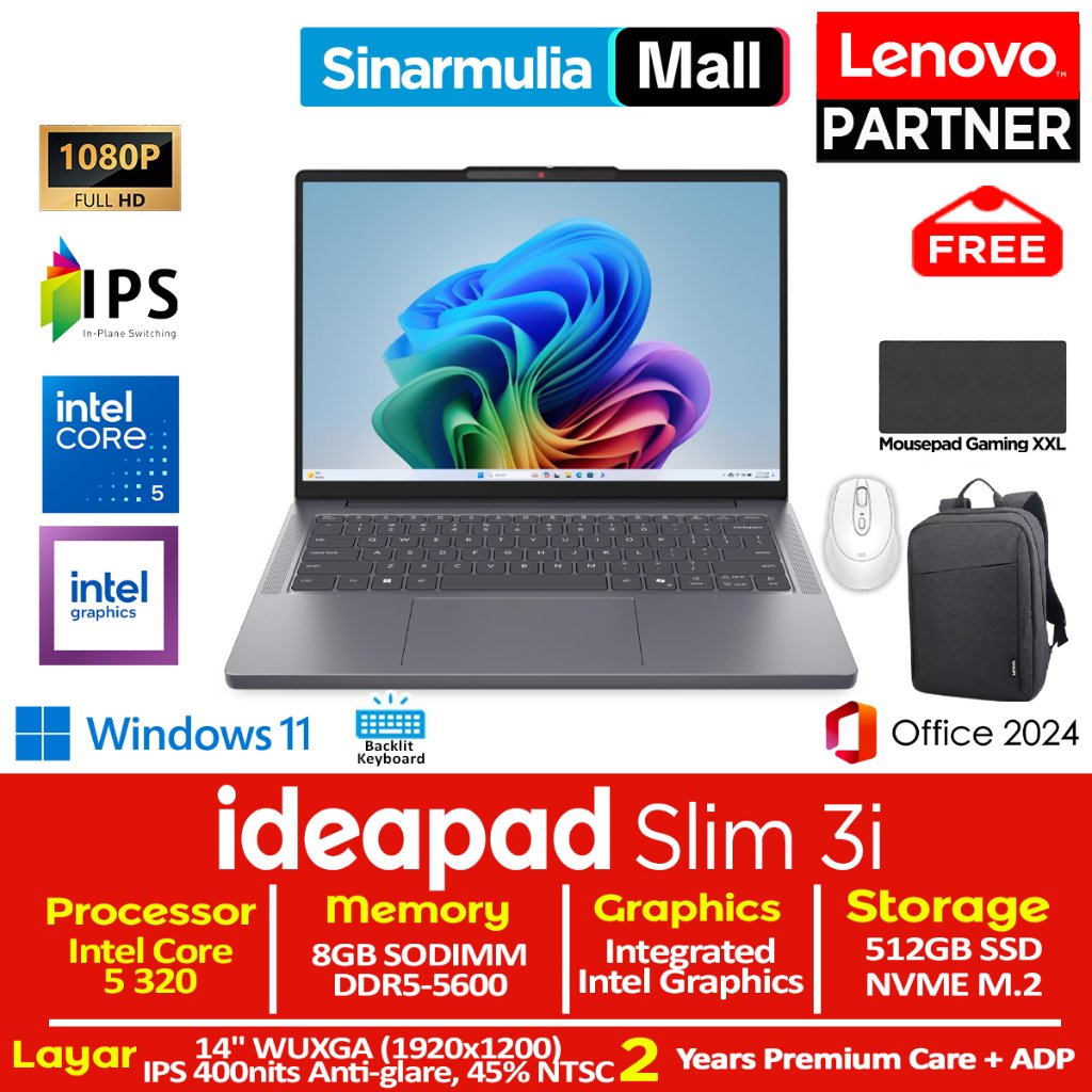 Lenovo Ideapad Slim 3i Core 5 320 512GB SSD 8GB WUXGA IPS Win11+OHS