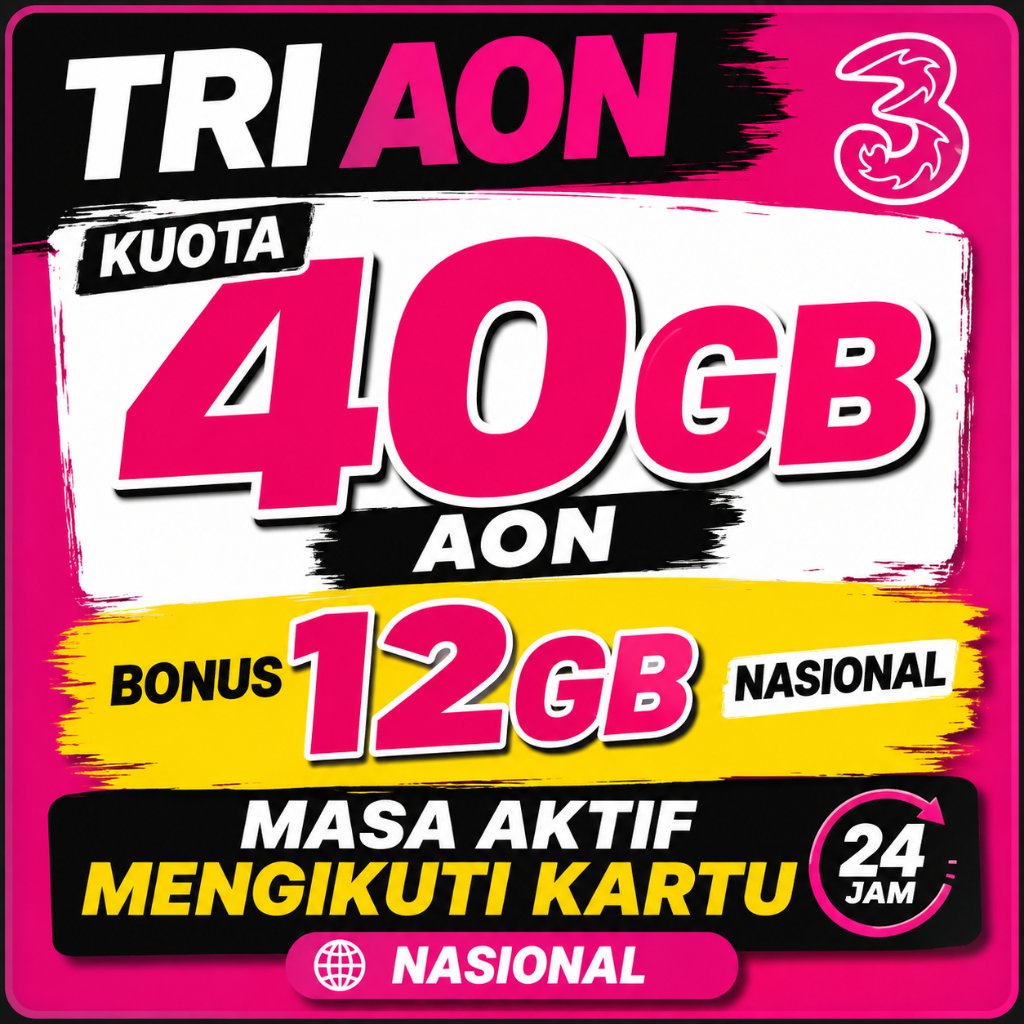 Tri AON 40GB + Bonus 12GB Nasional Kuota Internet 24 Jam