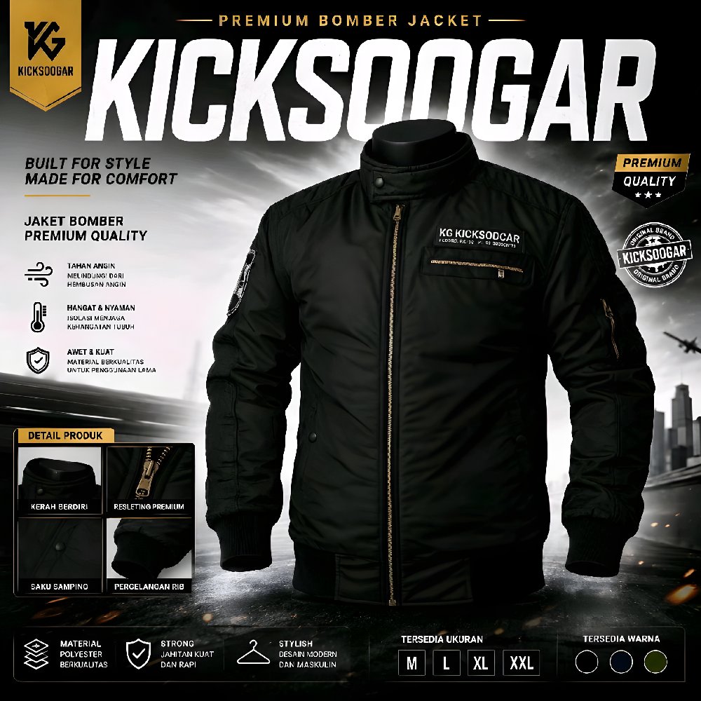 HOT DEALS Kicksoogar Jaket Bomber Pria Waterproof Windbreaker Parasut Taslan Hitam Hijau Original