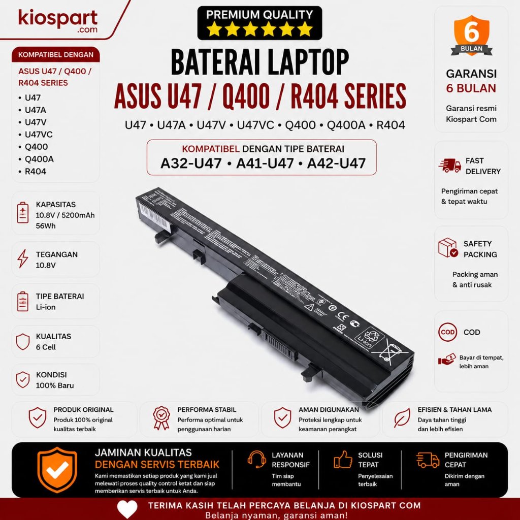 Baterai Laptop ASUS U47 U47A U47V U47VC Q400 Q400A R404 A32-U47 A41-U47 A42-U47 6 Cell Garansi 6 Bul