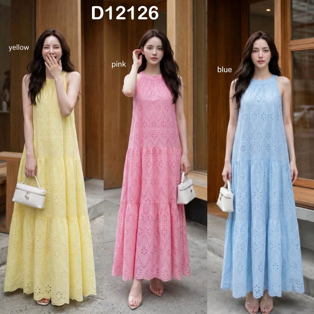 Giselle Broderie Eyelet Halterneck Long Dress / Dress Casual Cantik Premium Wanita
