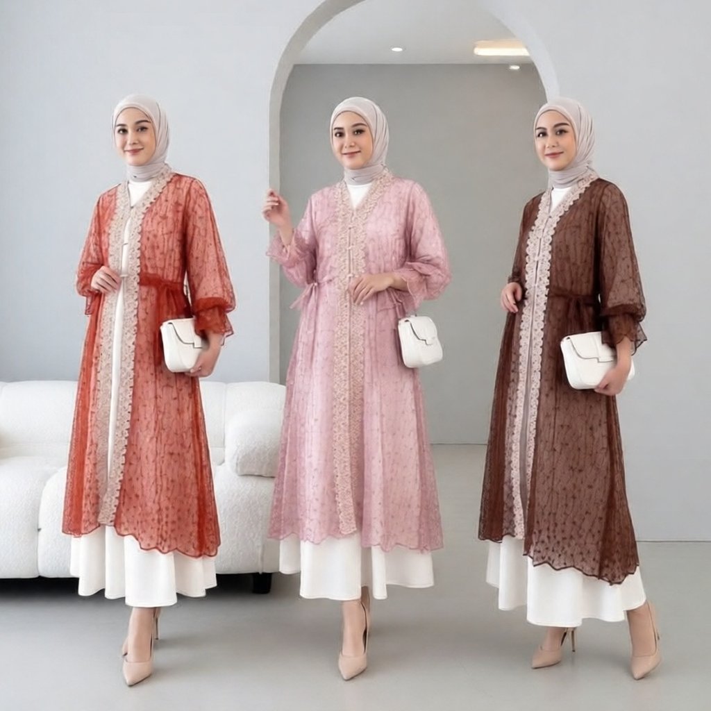 Outer brokat renda alluna Long outer brokat keondangan hari raya leabaran