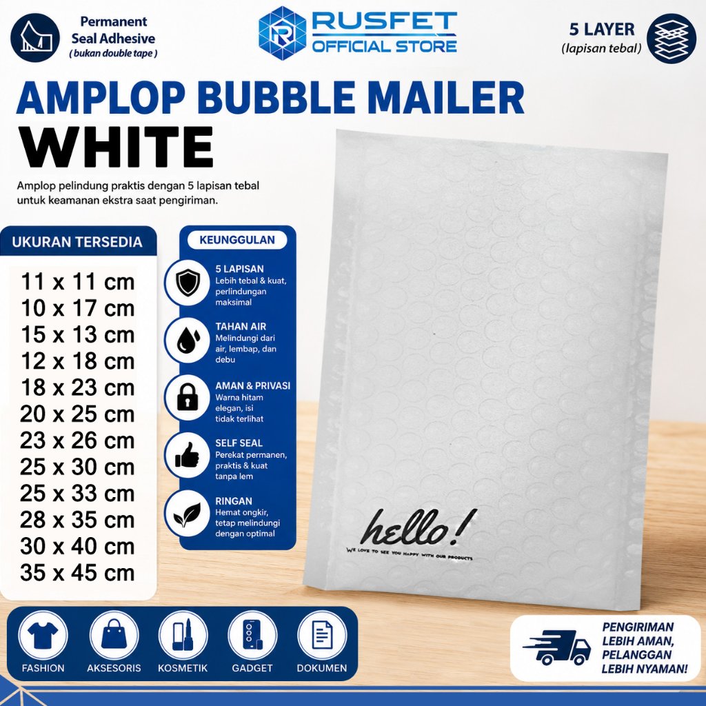 Amplop Bubble White Kantong Plastik Bubble Mailer Putih RUSFET