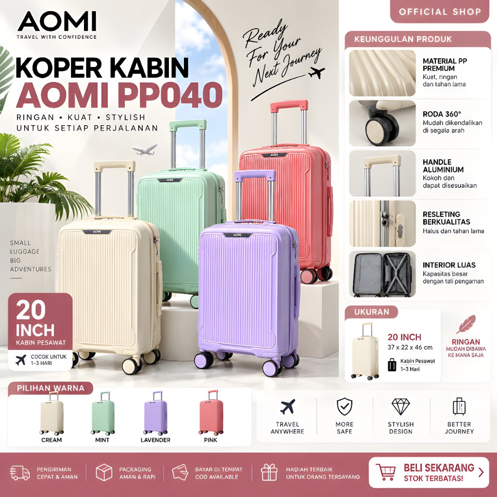 Koper Kabin AOMI PP040 20 Inch – Koper PP Roda 360° Ringan untuk Travel