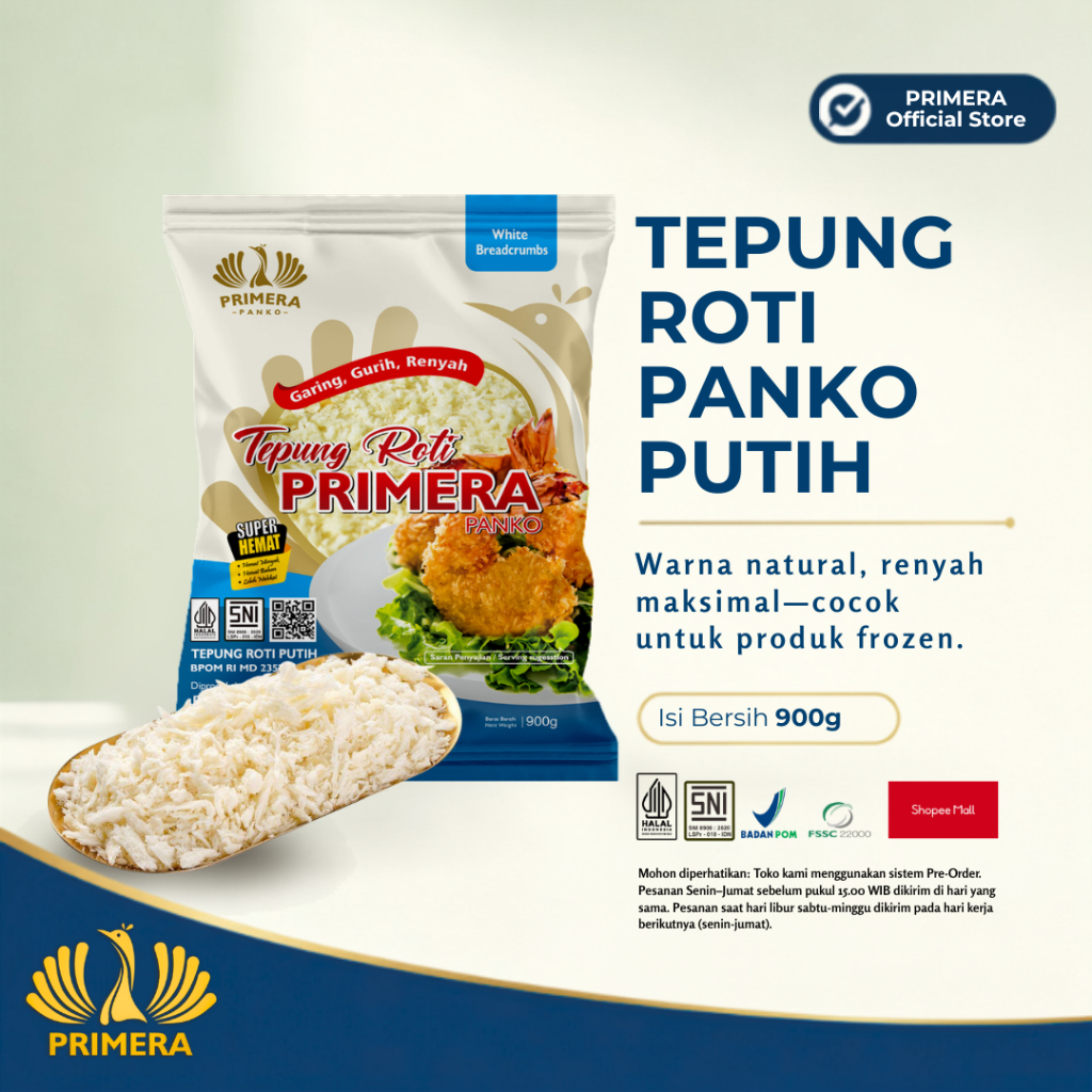 PRIMERA Tepung Roti Panko Econo White 900g | Tepung Panir Warna Putih untuk Ayam Crispy, Katsu, Nugg