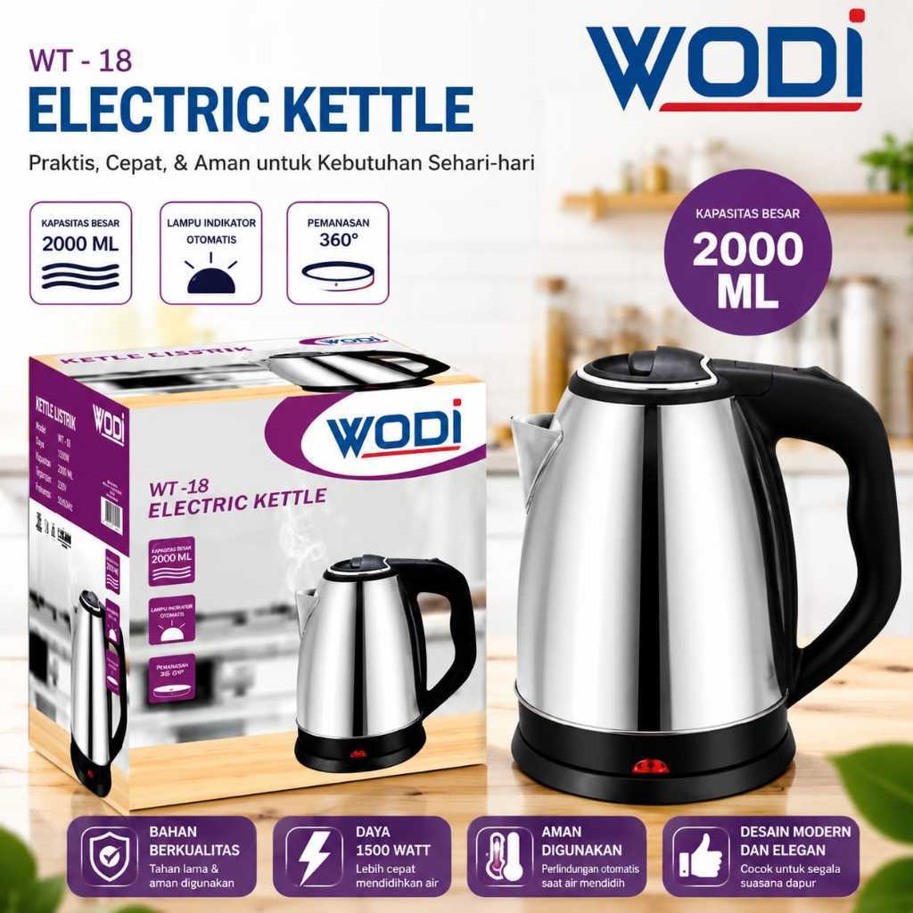 WODI Teko Listrik WT-18 350 Watt 2L Electric Kettle Pemanas Air Teh Mie Kopi Hotel SNI Hitam Silver