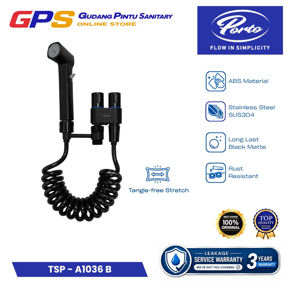 Shower Bidet Spray Toilet PORTO TSP A1036B Matte Black Anti Karat Korosi Kimia Satu Set Komplit Sela