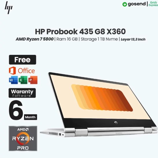 Laptop HP Probook 435 G8 X360 AMD Ryzen 7 5800 Ram 16 GB SSD 1 TB Layar 13.3 Inch Touchscreen Flip 3