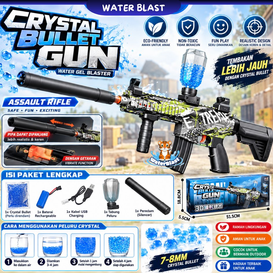 WATERBLAST Pistol Mainan M416 Crystal Bullet Gun Water Gel Blaster Rechargeable Tembak Tembakan Anak