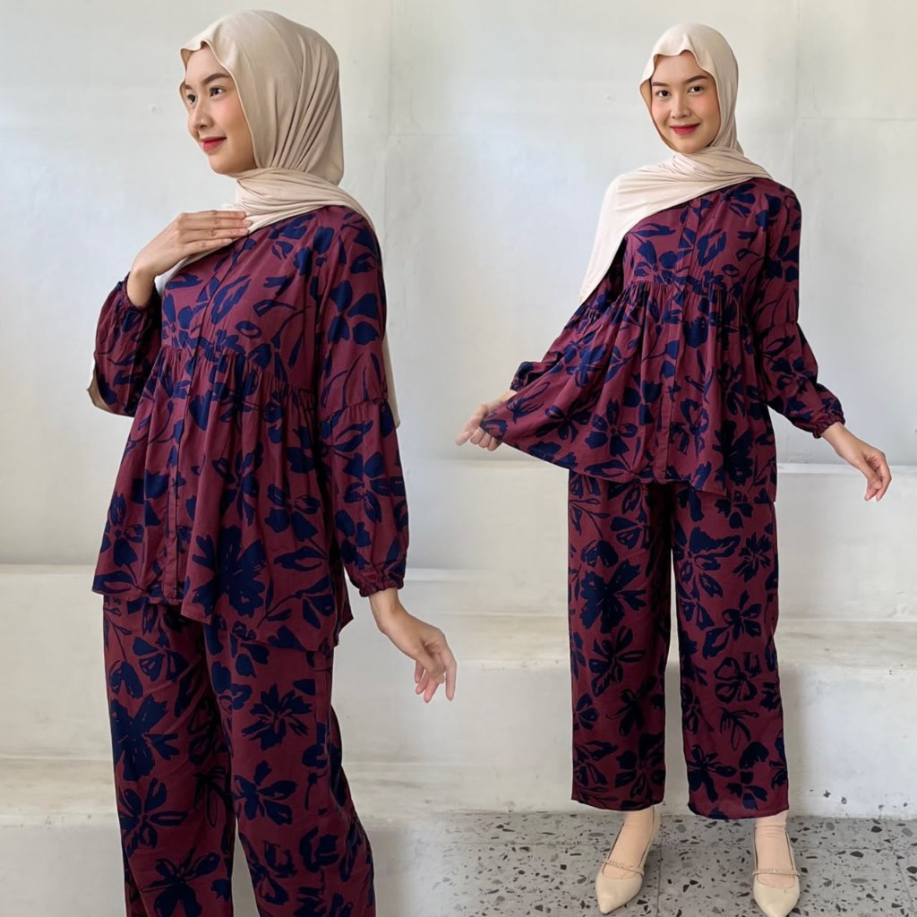Daily Set Motif - Setelan Rayon Viscose - Mecca Set - One Set Pajamas Ruffle - Tans Collection