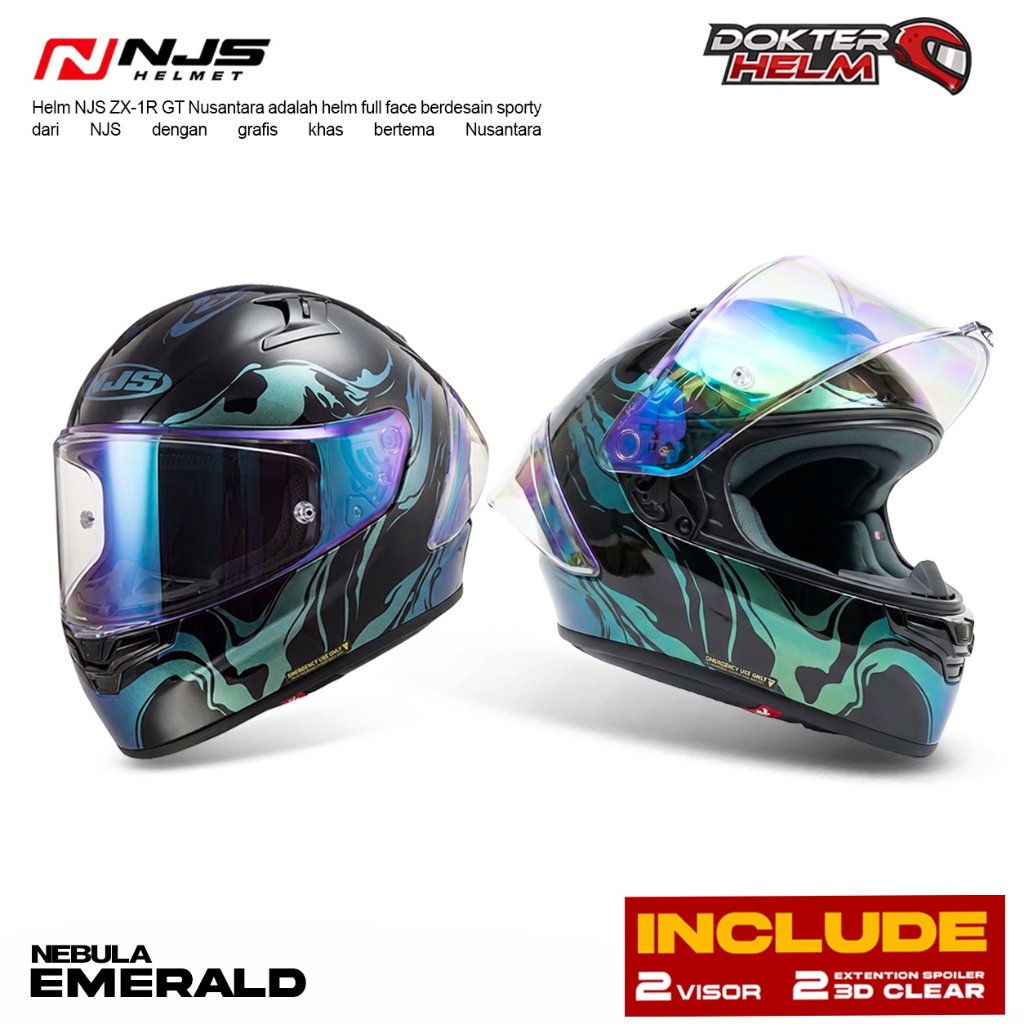 PAKET GANTENG HELM FULL FACE NJS ZX1 R GT Motif Nebula Sky EMERALD