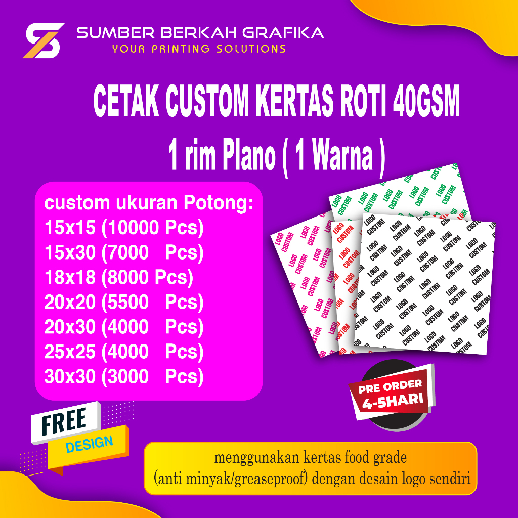 Custom Kertas Roti/FoodGrade/Greaseproof Paper/baking Paper ( 1 Rim Plano)