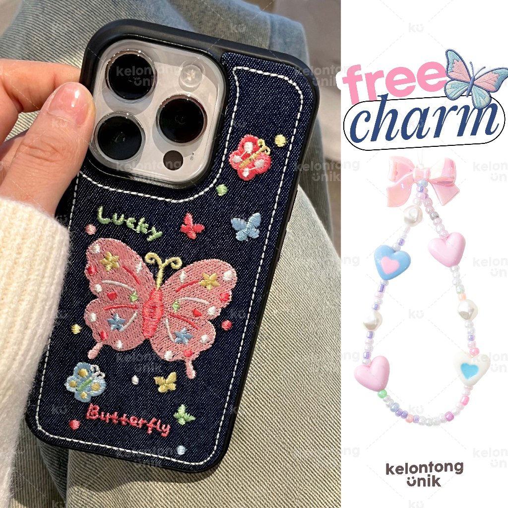 [DISKON 50% - FREE CHARM] KELONTONG UNIK | Lucky Butterfly Jeans Denim Case - Hardcase/ Casing HP fo