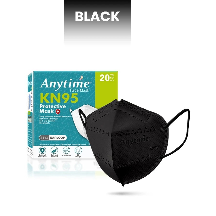 Anytime Masker KN95 Box 20pcs Black / Masker Hitam / Masker KN95 / Masker Earloop
