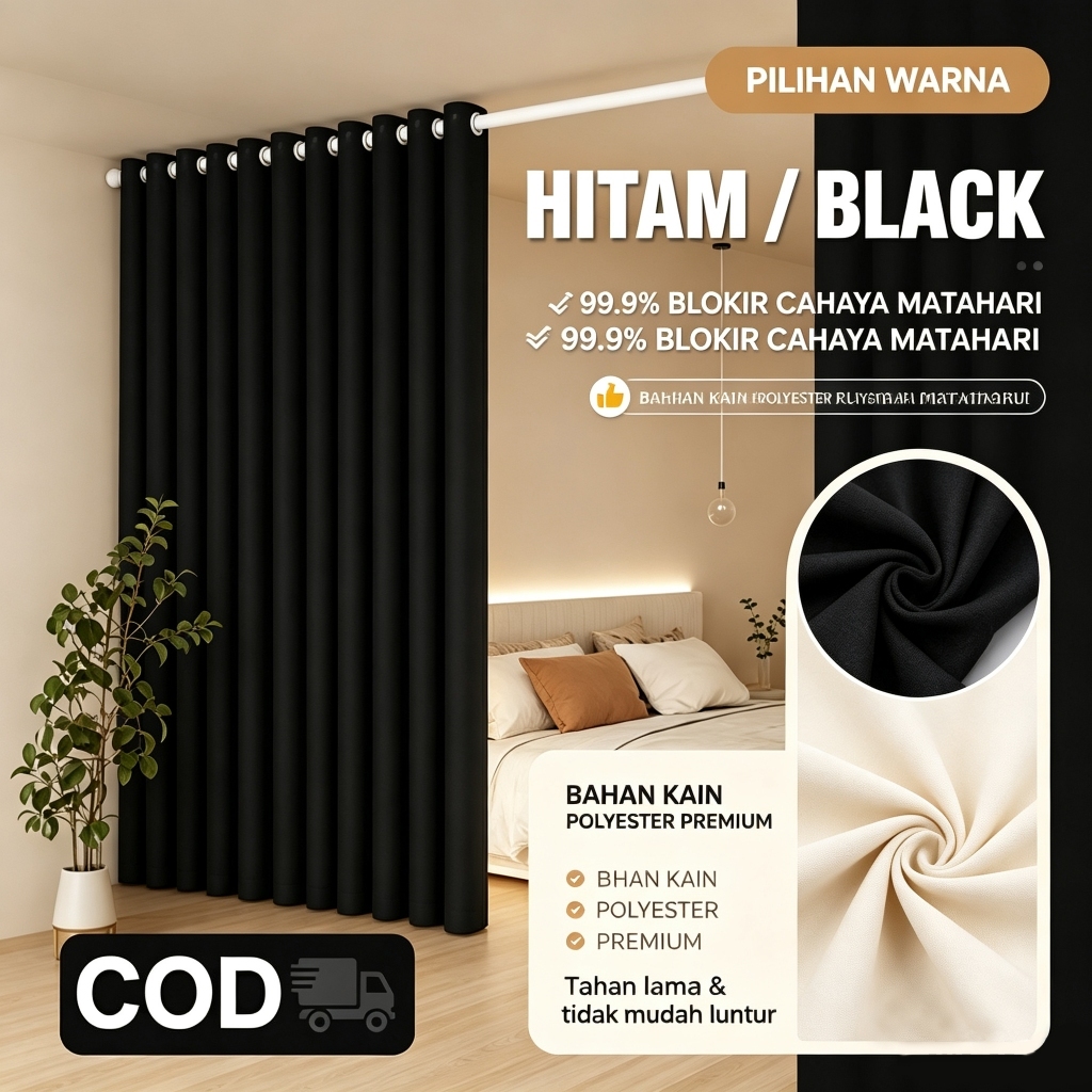 Gorden Jendela Blackout Hitam Premium Kain Tebal Halus Blokir Cahaya 99% Anti UV Peredam Panas Pered