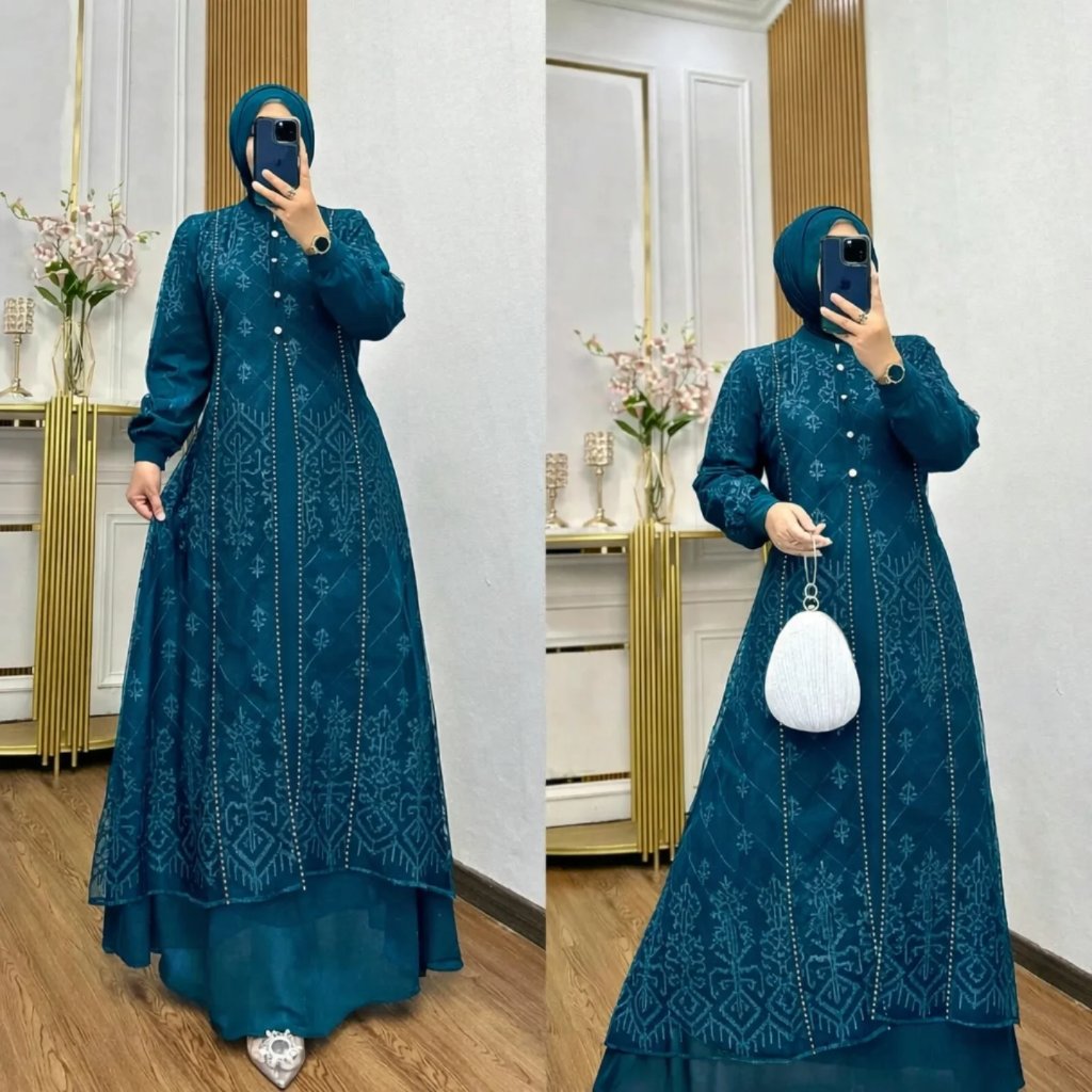Denara Dress Brukat Pesta Mahogany Gamis Remaja Dewasa Kondangan Mewah Elegant Ceurty Mix Burkat