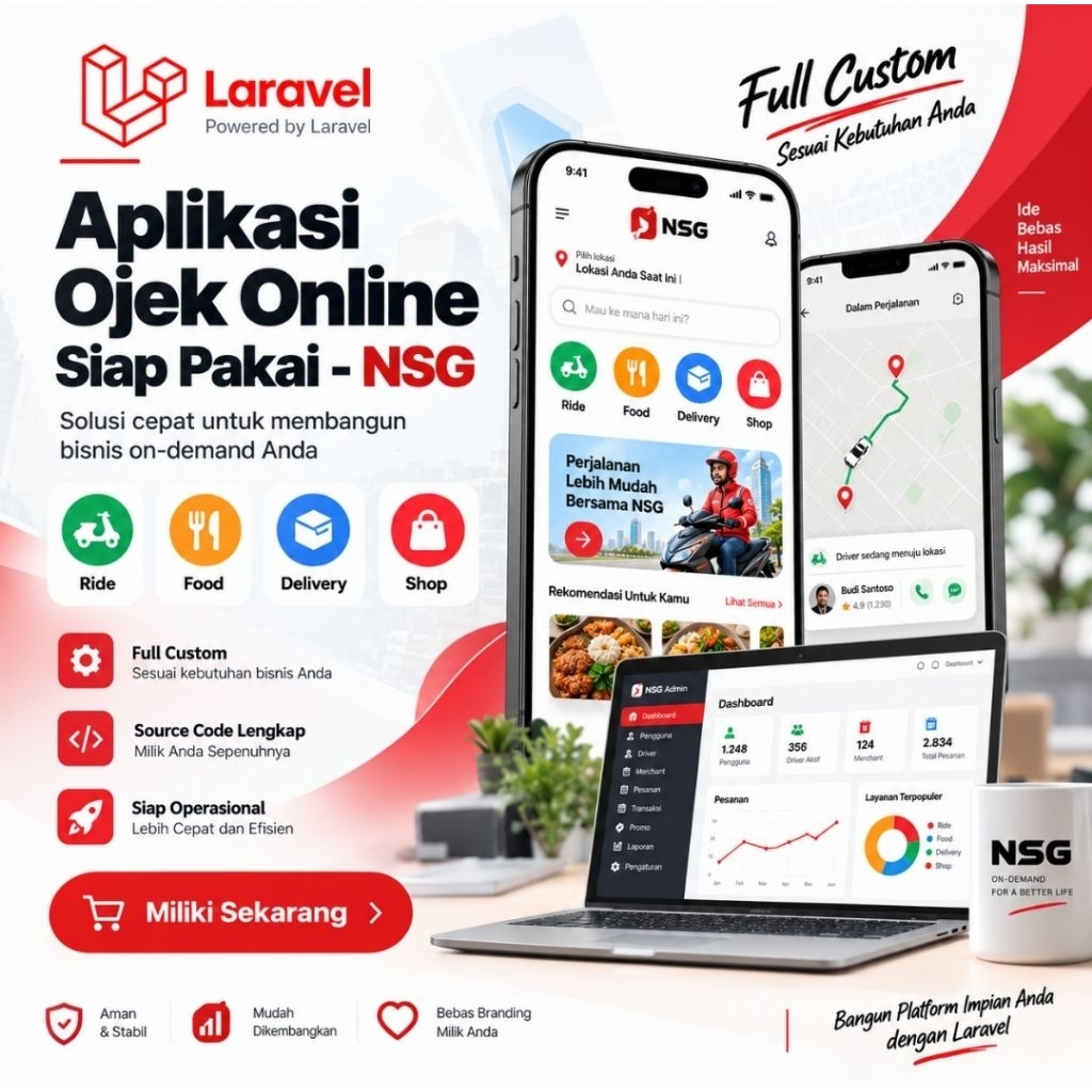Aplikasi Ojek Online Siap Pakai NSG Full Custom Ride Food Delivery Shop