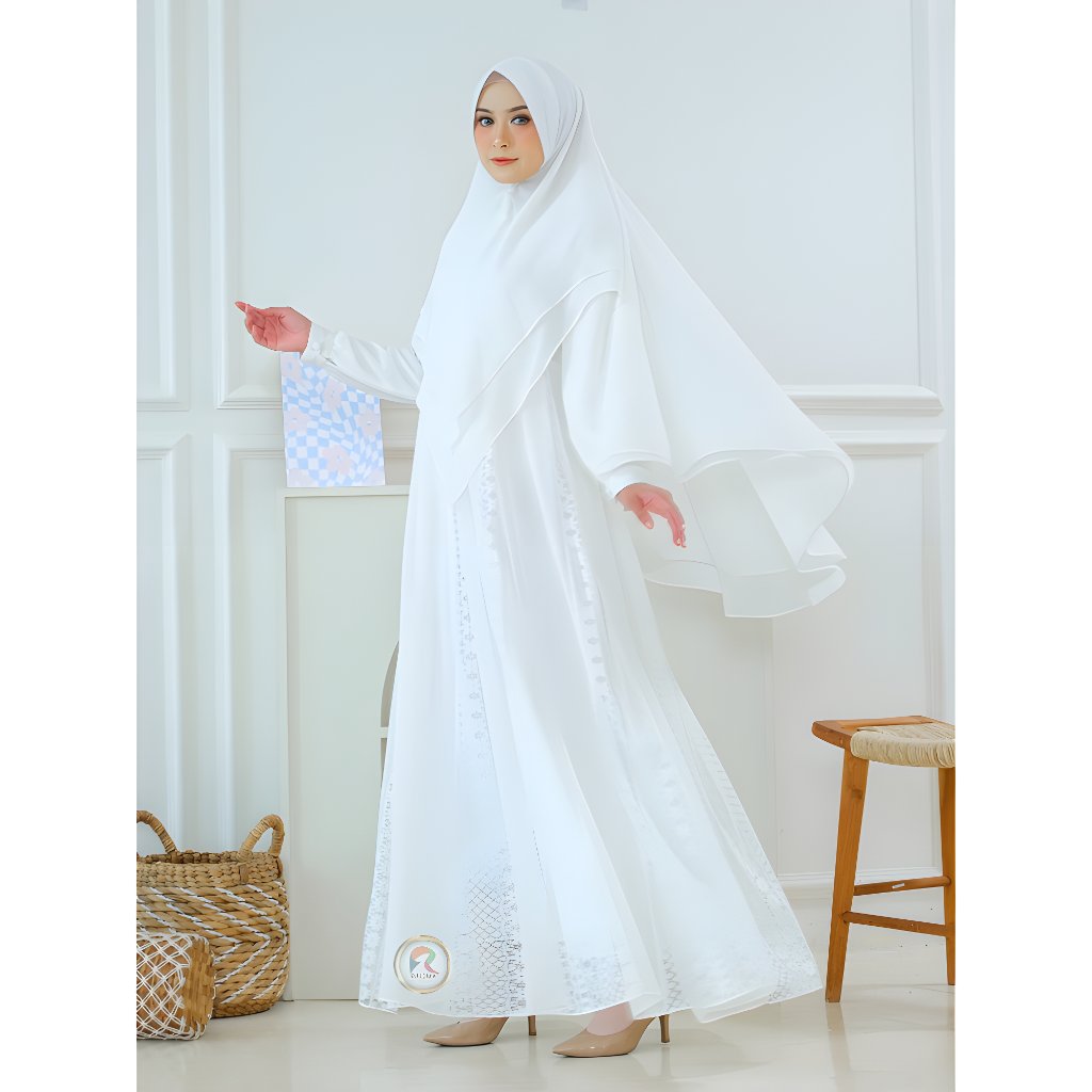 Raisma - Gamis Putih Syari model Mix Brokat Zubaidah