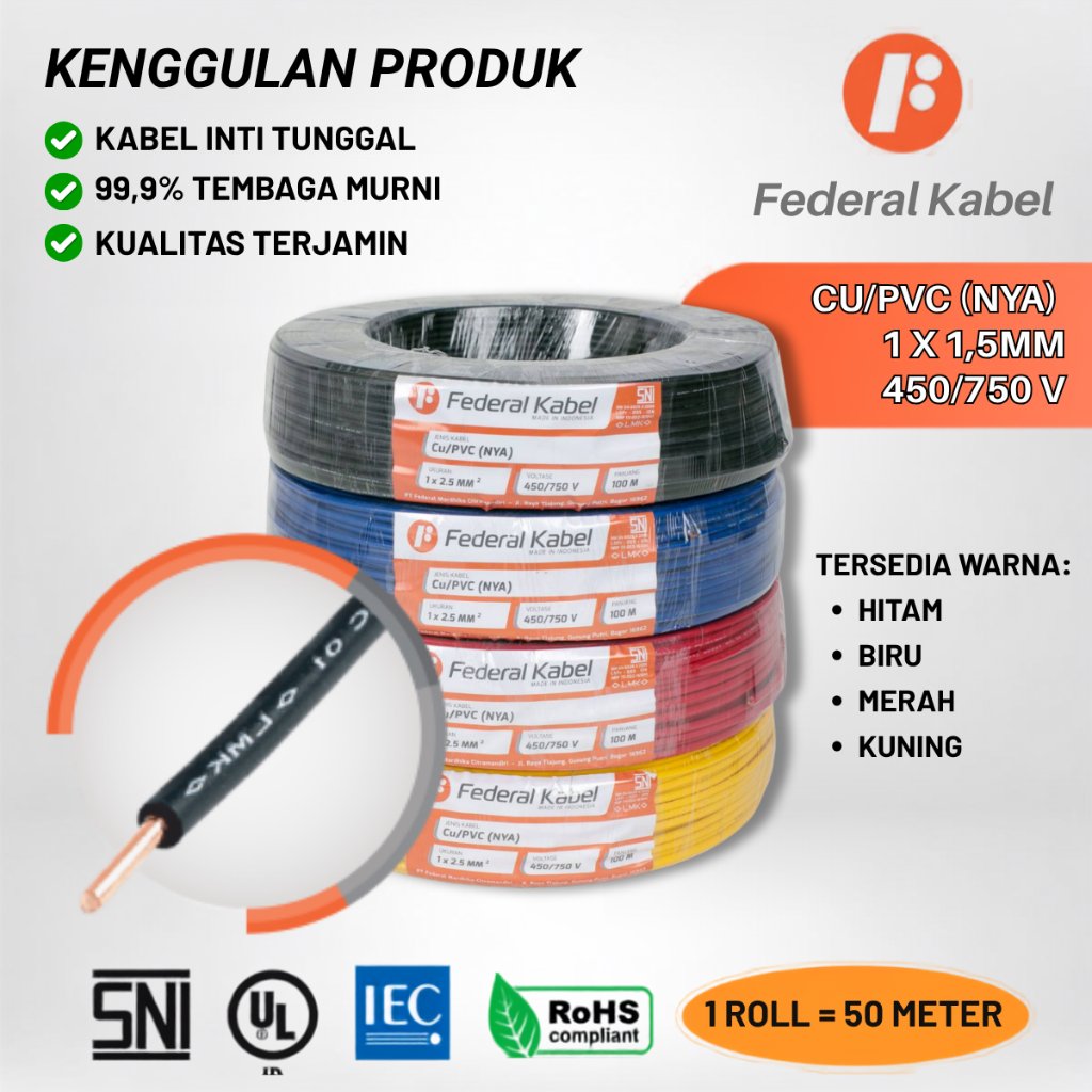 Kabel NYA - Kabel NYA Hitam - Kabel NYA Biru - Kabel NYA Merah - Kabel NYA Kuning - Kabel Listrik - 